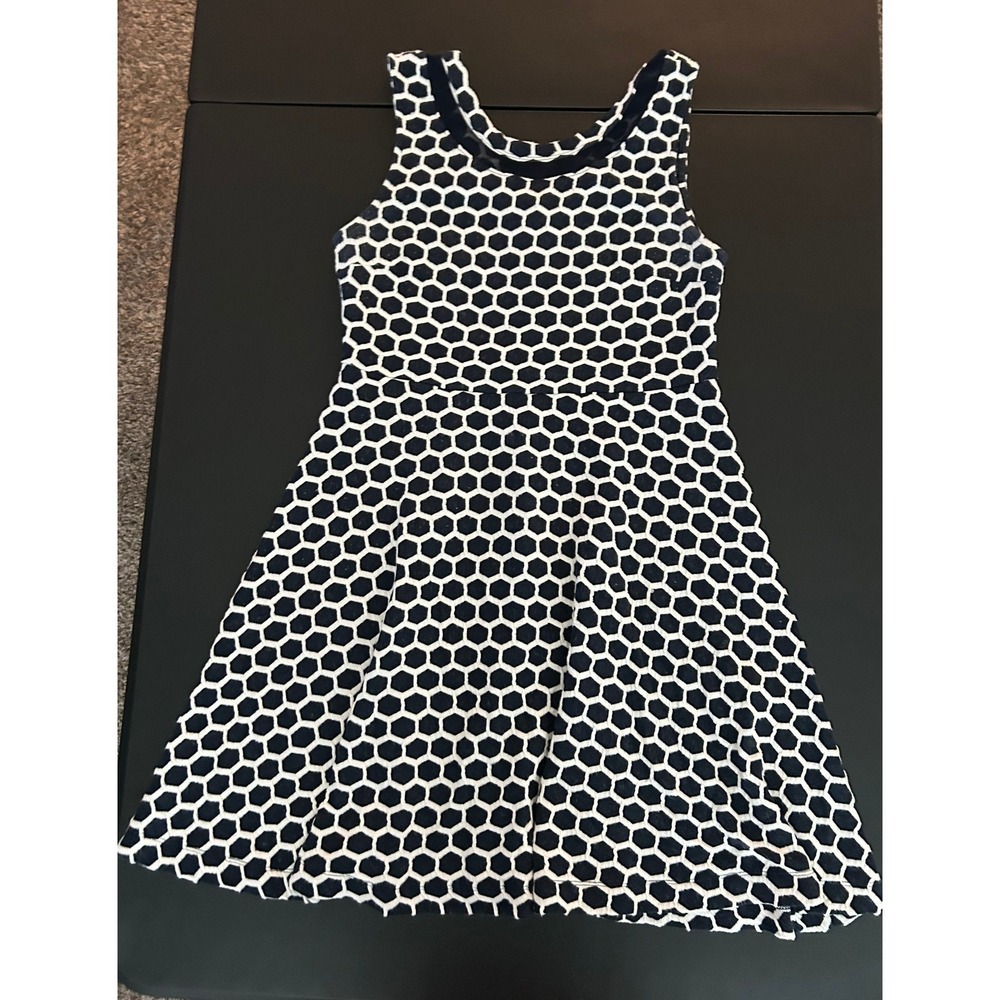 Pixley Navy Blue White Honeycomb Geometric V-Neck Fit Flare Dress Large 1407 - Picture 2 of 8